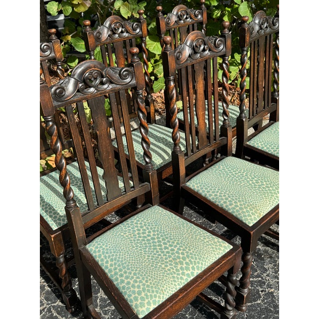 Mid-Century Modern Antique Set of Six Barley Twist Dining Chairs With Teal Leopard Upholstery For Sale - Image 3 of 11