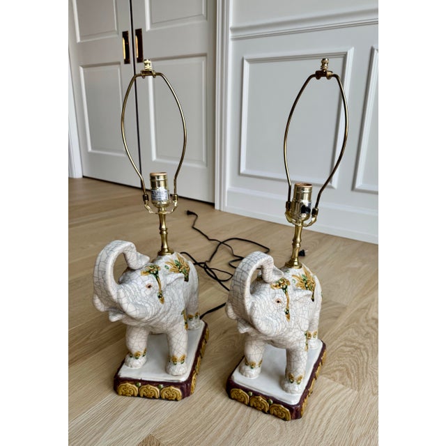 Cream Vintage Hollywood Regency Ceramic Elephant Table Lamps - Chinoiserie Style - a Pair For Sale - Image 8 of 8