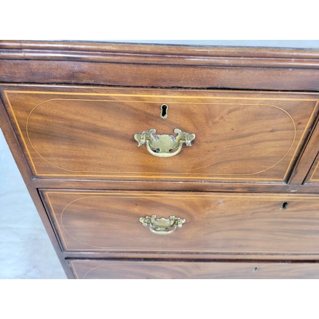 Mid 19th Century Stately Antique 2 Over 2 Chest of Drawers With Delicate Inlaid Trim and Metal Brass Hardware - From England, Circa 1860 For Sale - Image 5 of 13