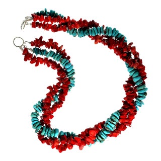 AJD Triple Strand Necklace of Southwest Style Red Coral and Hubei Turquoise For Sale