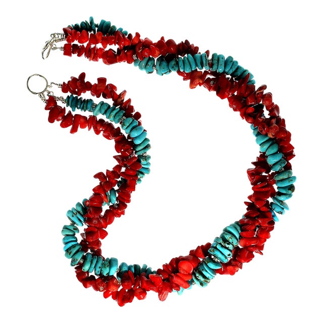 AJD Triple Strand Necklace of Southwest Style Red Coral and Hubei Turquoise For Sale