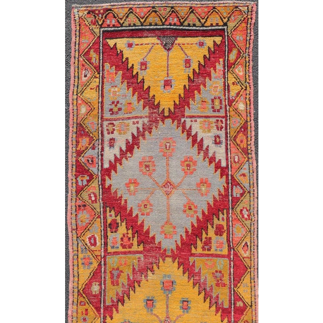 Vintage Turkish Oushak Runner With Bold Gold, Red, and Sky Blue Medallions For Sale In Atlanta - Image 6 of 13