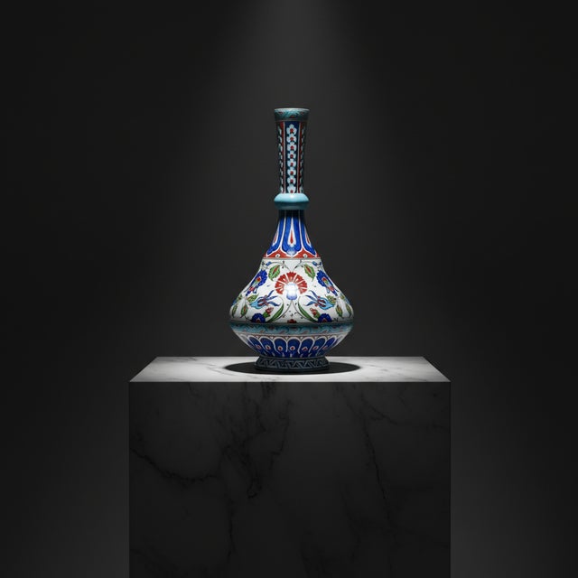 Ceramic Handmade Ceramic Tall Vase (45cm) Elegant “Ringed Neck” Design with Red Tulip & Blue Floral Pattern – Grand Console Decor For Sale - Image 7 of 7