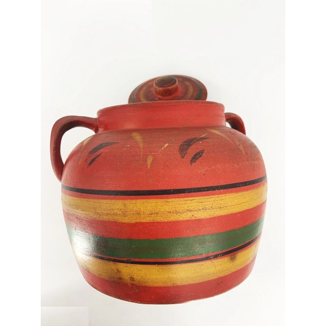 1930's Multicolor 2 Handle Covered Pottery Pot Jar For Sale - Image 4 of 12
