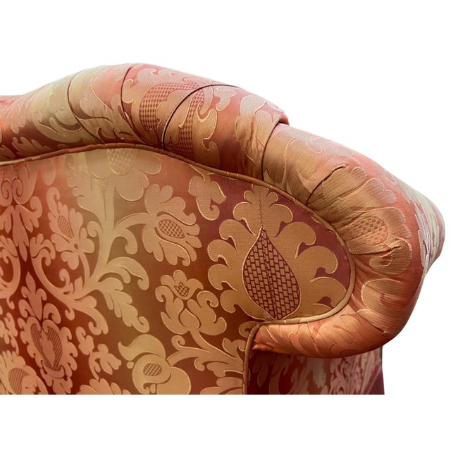 Wood Kravet Furniture Coral Silk Damask Camelback Loveseat With Bullion Fringe For Sale - Image 7 of 14