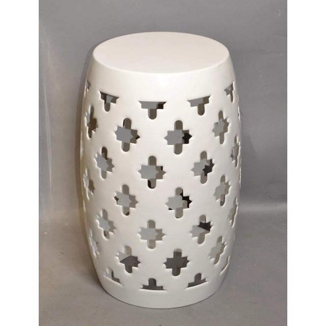 Asian inspired Hollywood Regency carved White Steel Drum Accent Side Table, Round Drink Table, Low Stool, Footrest, Pouf...