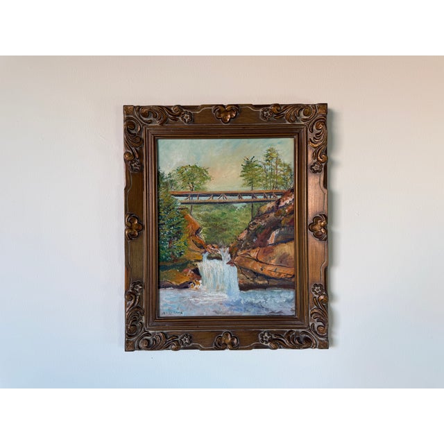 Traditional Vintage Irv Latimer Waterfall Landscape Oil on Masonite Board Painting – Framed For Sale - Image 3 of 13