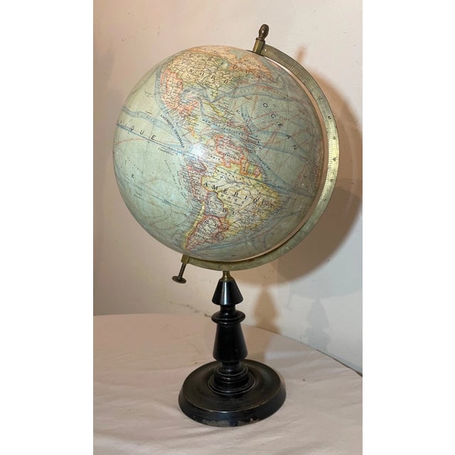 Large Terrestrial World Globe by J. Forest Early Grande 20th Century Wood Brass For Sale - Image 4 of 16