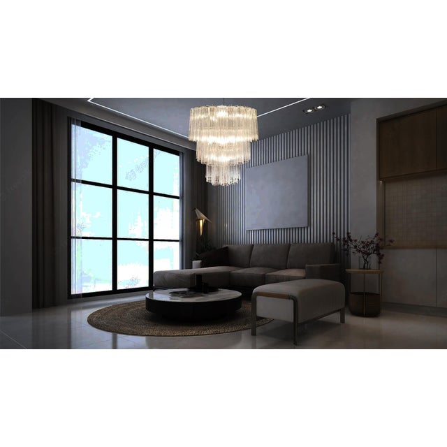 Italian vintage chandelier in Murano glass and nickel-plated metal structure. The armor polished nickel supports 52 large...