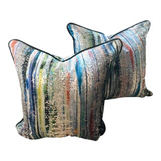 S Harris Brushstroke Abstract Velvet Pillow Covers With Sanderson & Sons Welting- a Pair For Sale
