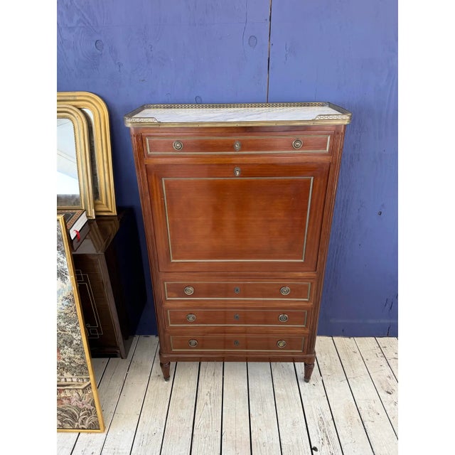 19th Century French Louis XVI Mahogany Secretary Desk Carrara Marble Top For Sale - Image 10 of 14