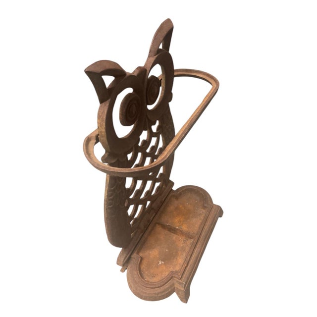 Vintage Cast Iron Whimsical Owl Umbrella Stand & Drip Tray For Sale - Image 4 of 7
