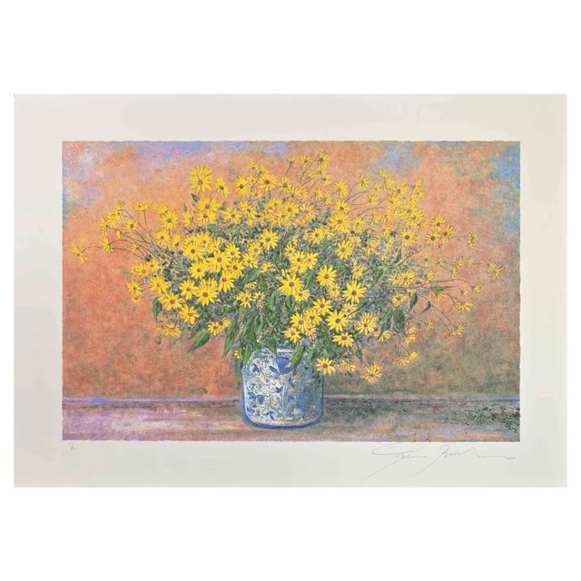 Franco Bocchi, Vase of Jerusalem Artichoke Flowers, Screen Print, 1980s For Sale