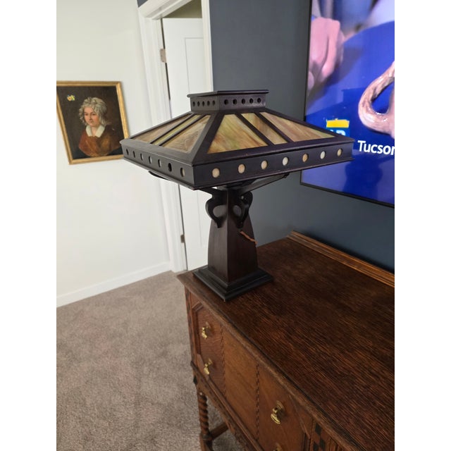 Arts & Crafts 1910 Slag Glass Mission Lamp For Sale - Image 3 of 8