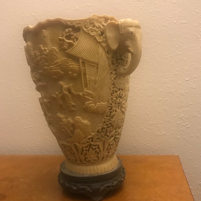 Asian Elephant Motif Faux Ivory Carved Handles Scalloped Rim Metal Base