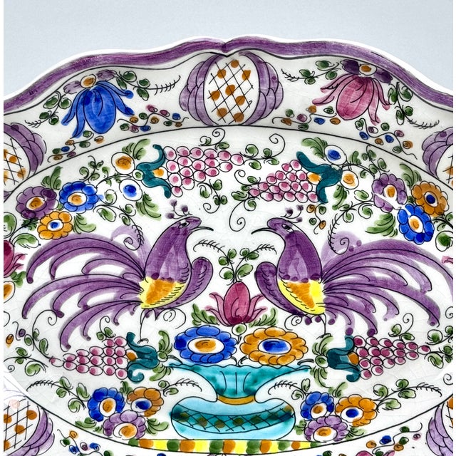 Antique Hand-Painted Polychrome Faience Wall Plate With Birds and Floral Motifs For Sale - Image 6 of 11