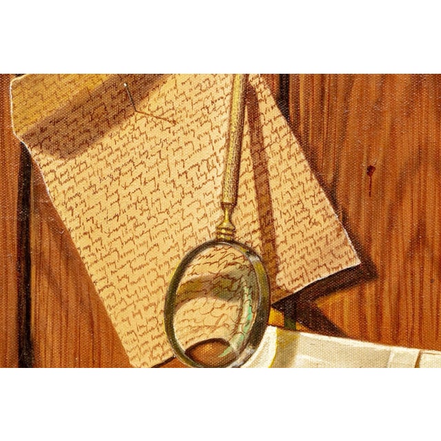 Tromp l'Oeil Still Life Oil Painting on Canvas With Faux Bois Wood Grain Background For Sale - Image 4 of 9