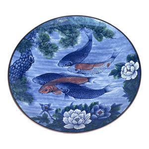Vintage 1970s Japanese Koi Fish and Lotus Flower Decorative Platter