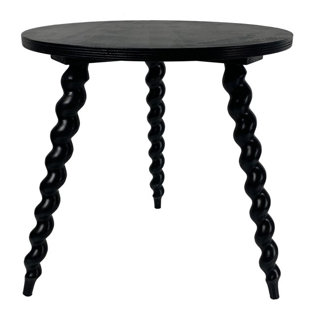 Mid-Century French Ebonized Turned Wood Side Table with Cork Screw Legs, 1950s For Sale