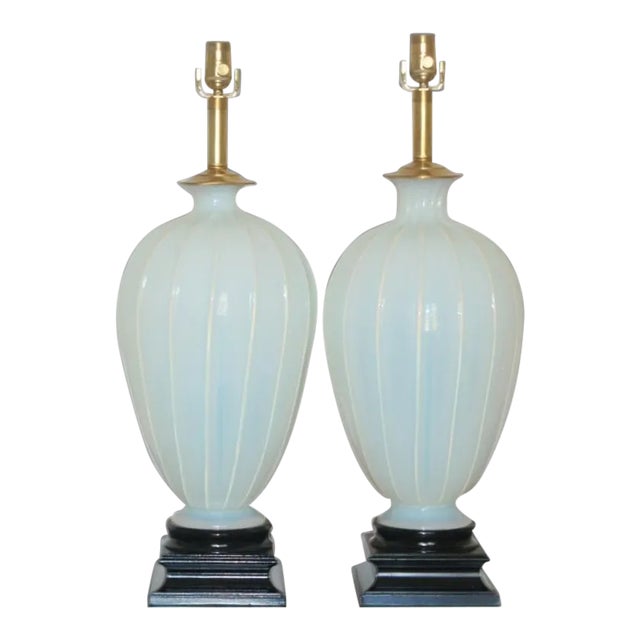 1950s Italian Marbro Murano White Opaline Glass Lamps - a Pair For Sale