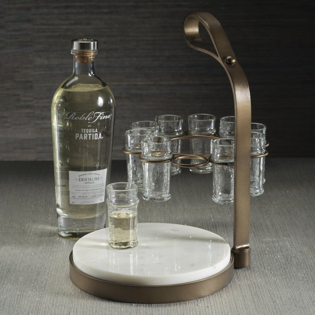 2020s Tequilero 10-Piece Tequila Shot Set with Marble Cutting Board, Gold For Sale - Image 5 of 8