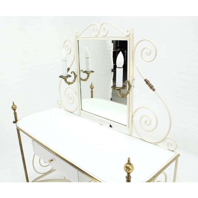 Decorative Vanity Dressing Table Milk Glass Top Metal Scroll Brass Hardware For Sale - Image 9 of 10