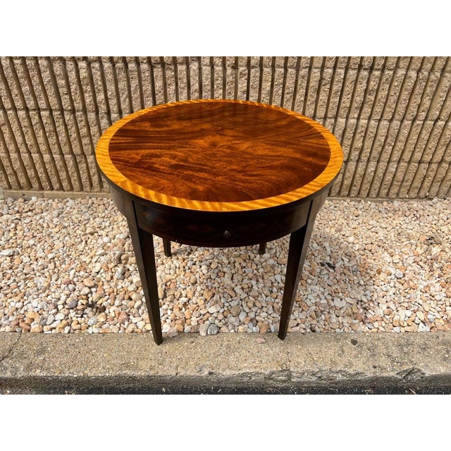 20th Century Federal Style Round Flame Mahogany Inlaid Marquetry Side Table. Marked English For Sale - Image 11 of 12