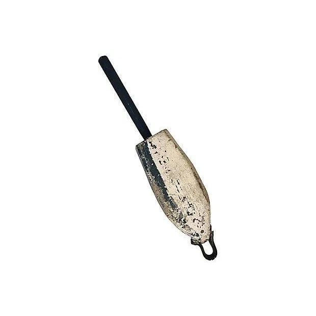 Weathered blue and white painted wood buoy. Illegible signature. Wear consistent with age and use, cracks, chipping paint,...