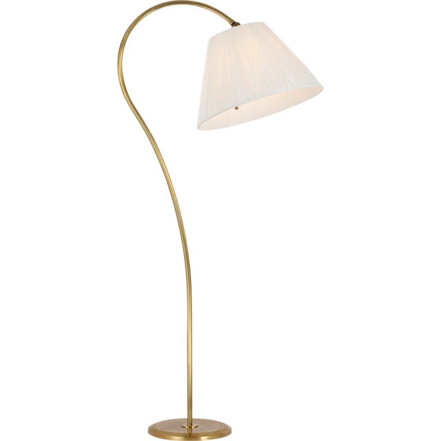Transitional Amber Lewis by Visual Comfort Signature Dume Large Arched Floor Lamp in Hand-Rubbed Antique Brass with Silk Pleated Shade For Sale - Image 3 of 3