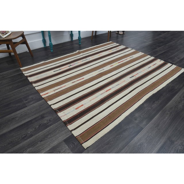 1970s Vintage Handmade Wool Cotton Beige Brown Kilim Area Rug For Sale - Image 4 of 11