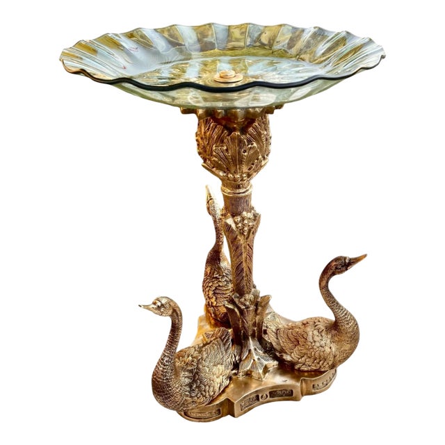 Antique French Napoleon III Gilt Bronzer Swan Centerpiece Pleated Glass Plateau For Sale