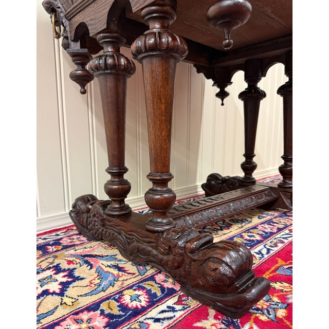 Antique French Oak Renaissance Revival Library Dolphin Table Desk C. 1880s For Sale - Image 13 of 18