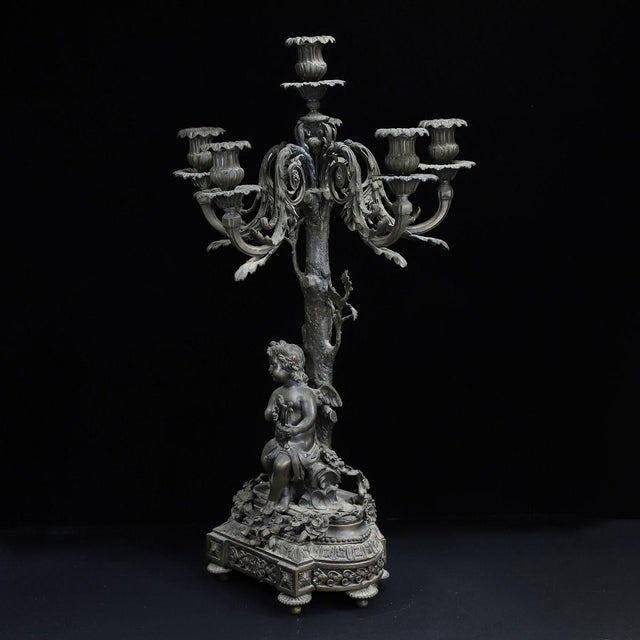 Pair of Large Vintage French Rococo Style Bronze Cherub Candelabras For Sale - Image 9 of 10