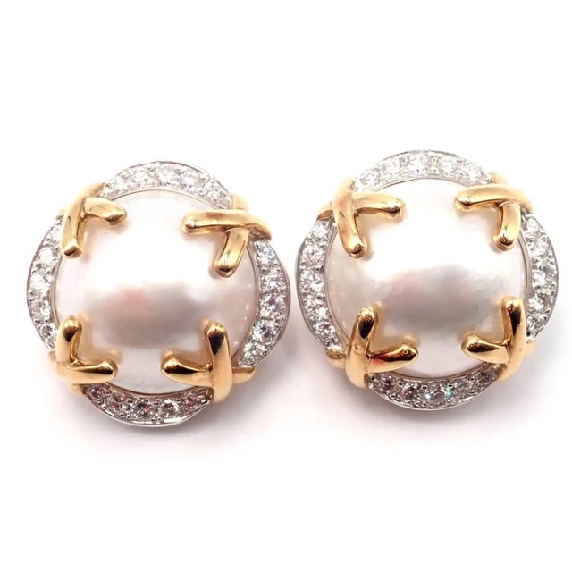 Verdura Vintage Diamond Mabe Pearl Yellow Gold & Platinum Large Earrings, Pair For Sale - Image 12 of 13