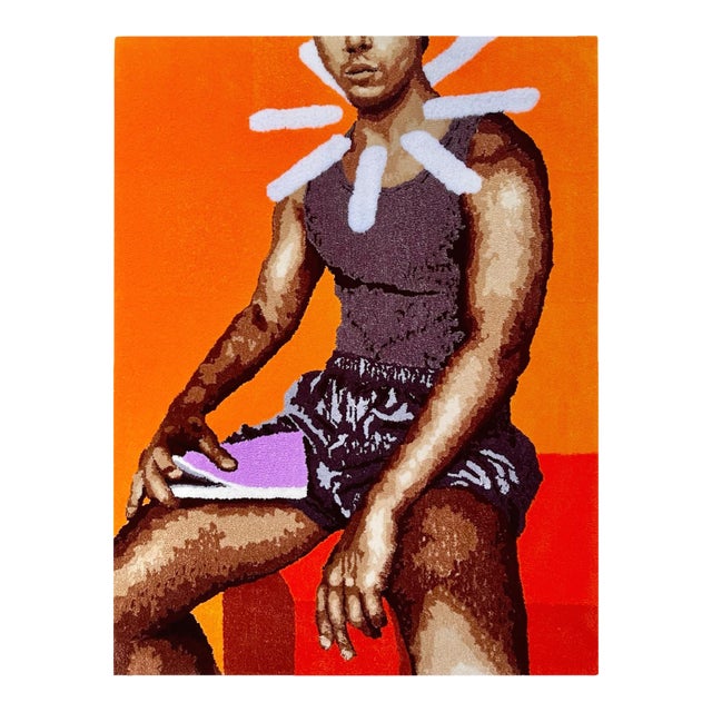 Cedric Vu "This Particular Self" Tufted Yarn Portrait, Radiating Rays, Orange and Red, Contemporary California Textile Art, Pop Art, 2025 For Sale