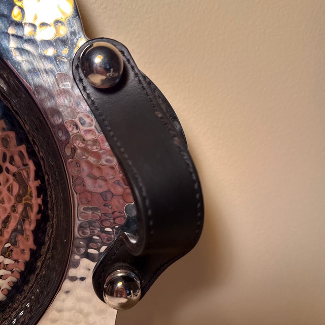 2010s Global Views Hammered Nickel Oval Tray With Black Leather Handles & Ball Feet For Sale - Image 5 of 5