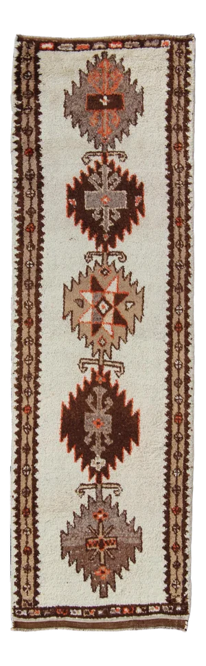 Vintage Turkish Tulu Gallery Rug in Shades of Brown, Cream and Gray With Medallions