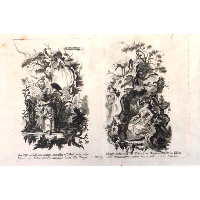 This is an antique etching, measuring 17" x 12", that presents a diptych of allegorical scenes within ornate, naturalistic...