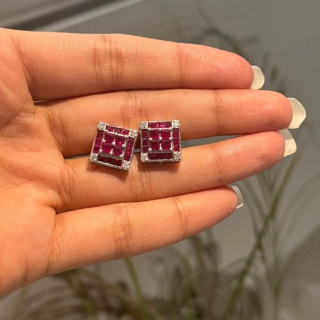 Ruby Red Art Deco Natural Ruby & Diamond Square Stud Earrings in Sterling Silver, A Pair For Sale - Image 8 of 12