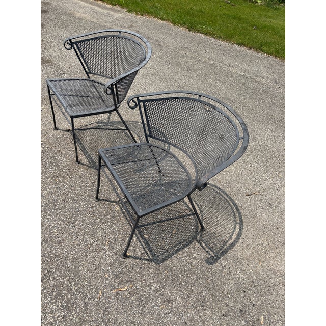 Black Vintage Wrought Iron Garden and Paio Furniture Four Piece Set Featuring Barrel Back Chairs and Bench With End Table For Sale - Image 8 of 10