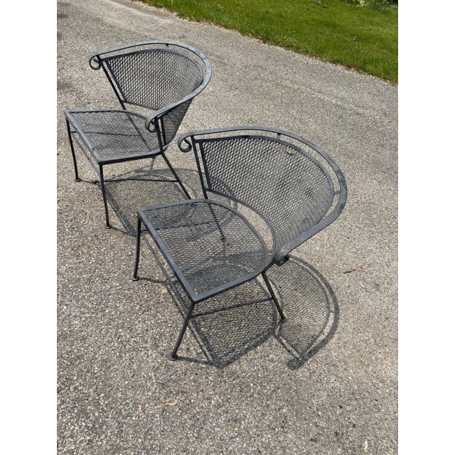 Black Vintage Wrought Iron Garden and Patio Furniture Four Piece Set Featuring Barrel Back Chairs and Bench With End Table For Sale - Image 8 of 10