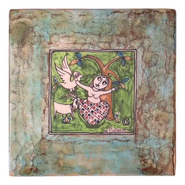 Vintage Hand Painted Greek Ceramic Tile Wall Plaque, Signed & Dated For Sale