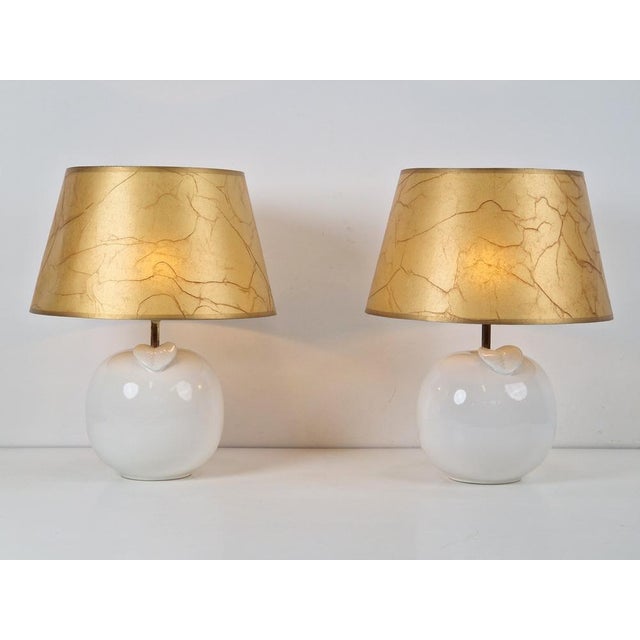 White Ceramic Apple Table Lamp, 1970s, Set of 2 For Sale - Image 6 of 9