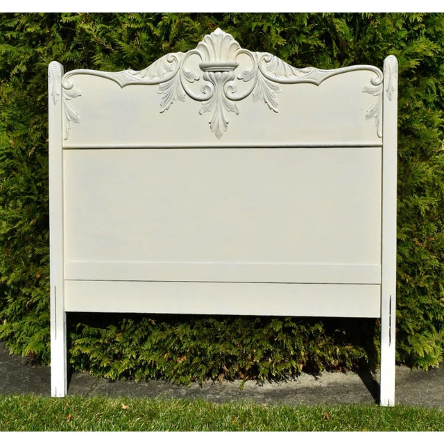 1910s Antique Full Size Carved Oak Cottage Style Headboard W/Distressed Finish For Sale - Image 5 of 12
