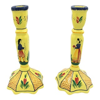 Pair of Yellow Ground Quimper Candlesticks, Late 20th Century For Sale
