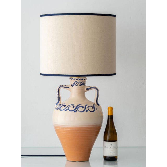 Spanish Revival table lamp made from a Fajalauza ceramic amphora from Granada. Hand-painted in cobalt blue on a cream...