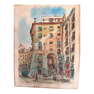 Matched Pair Original Plein-Air Watercolors, Carlos Sánchez, Madrid 1961 — Arco De Cuchilleros & Church Street Scene, Signed For Sale