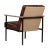Aged vintage style brown leather club chair with white wash wood oak wood arms and black iron frame. Back is upholstered...