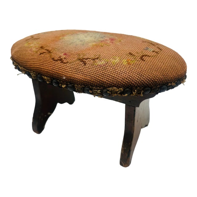 Antique Needlepoint Footstool For Sale