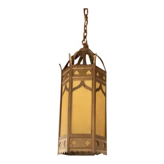 Vintage 1940s Brass and Glass Church Light Pendant Fixture For Sale